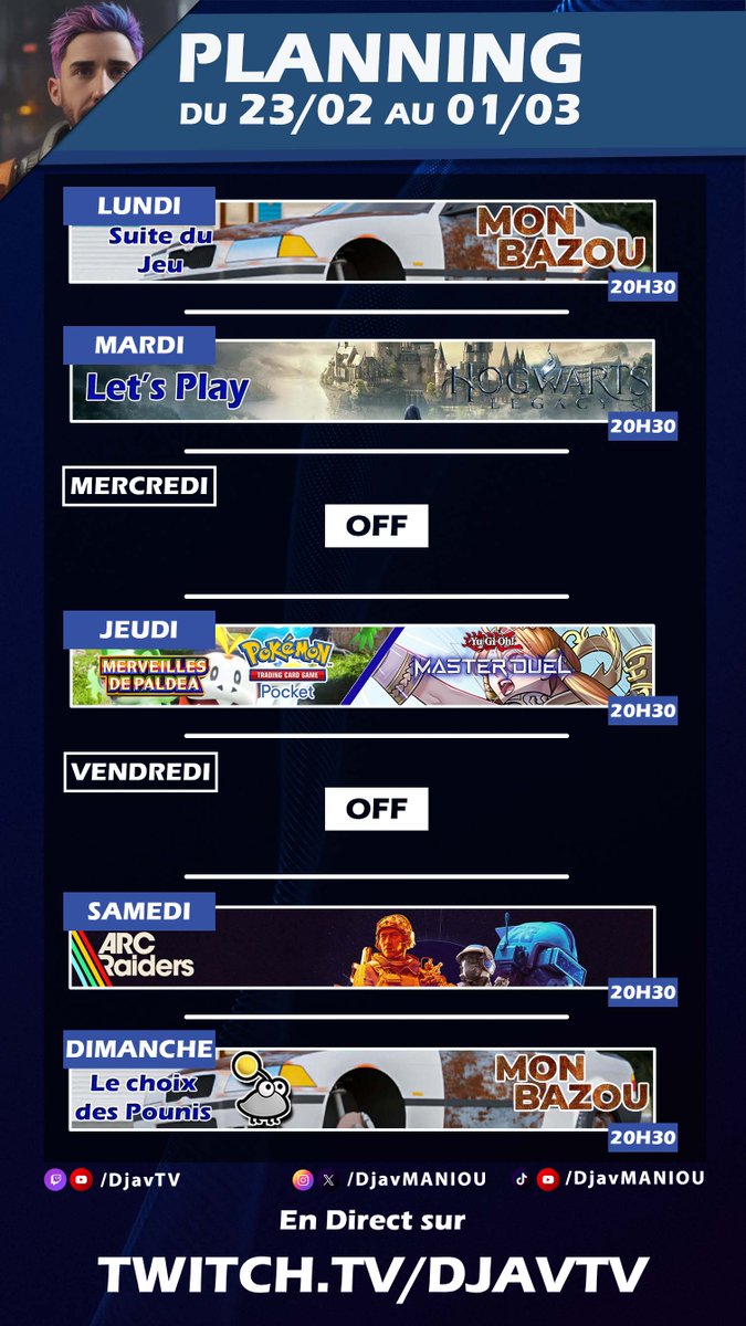 Voici le programme ! On approche a grande vitesse de la fin de Mon Bazou (et j'en suis tres triste !). Suite du LP de Hogwart Legacy (je sais pas du tout ou on en est !) et jeudi, live en deux temps entre la nouvel extension de TCGPP et un peu de Master Duel ! Bonne semaine !