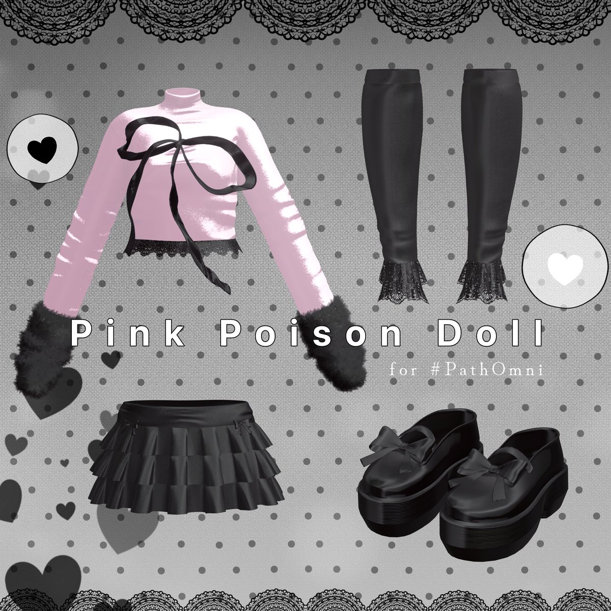 ／
♯PathOmni 第２作目
プレゼント企画🎁
＼

🎀 Pink Poison Doll ⟡.·
11アバター対応 /MA対応

■参加条件
・RP + follow
→ 3名様にプレゼント🎁
+BOOTHの♥100につき1名追加

━━━ 期限：2/28まで ━━━
pathomni.booth.pm/items/7999216
━━━━━━━━━━━━━━

〈　発売記念SALE　〉