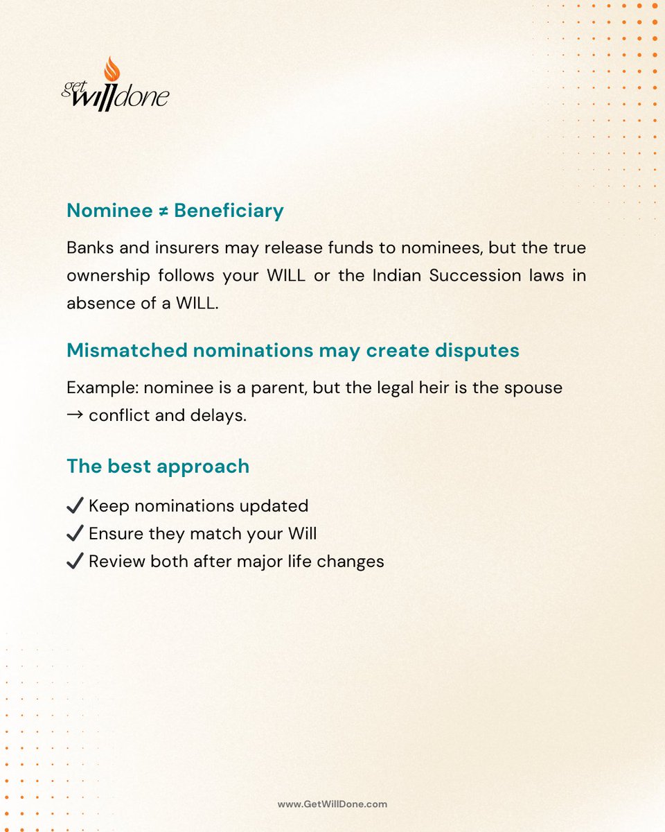 getwilldone's tweet photo. Adding a nominee isn’t enough under Indian law.
A nominee can receive the asset but doesn’t become the legal owner.
Only a properly drafted Will decides who truly inherits and how assets are distributed.
Plan today. Secure tomorrow.
#WillPlanning #NominationVsWill #LegalAwareness https://t.co/CITHvSSQzh