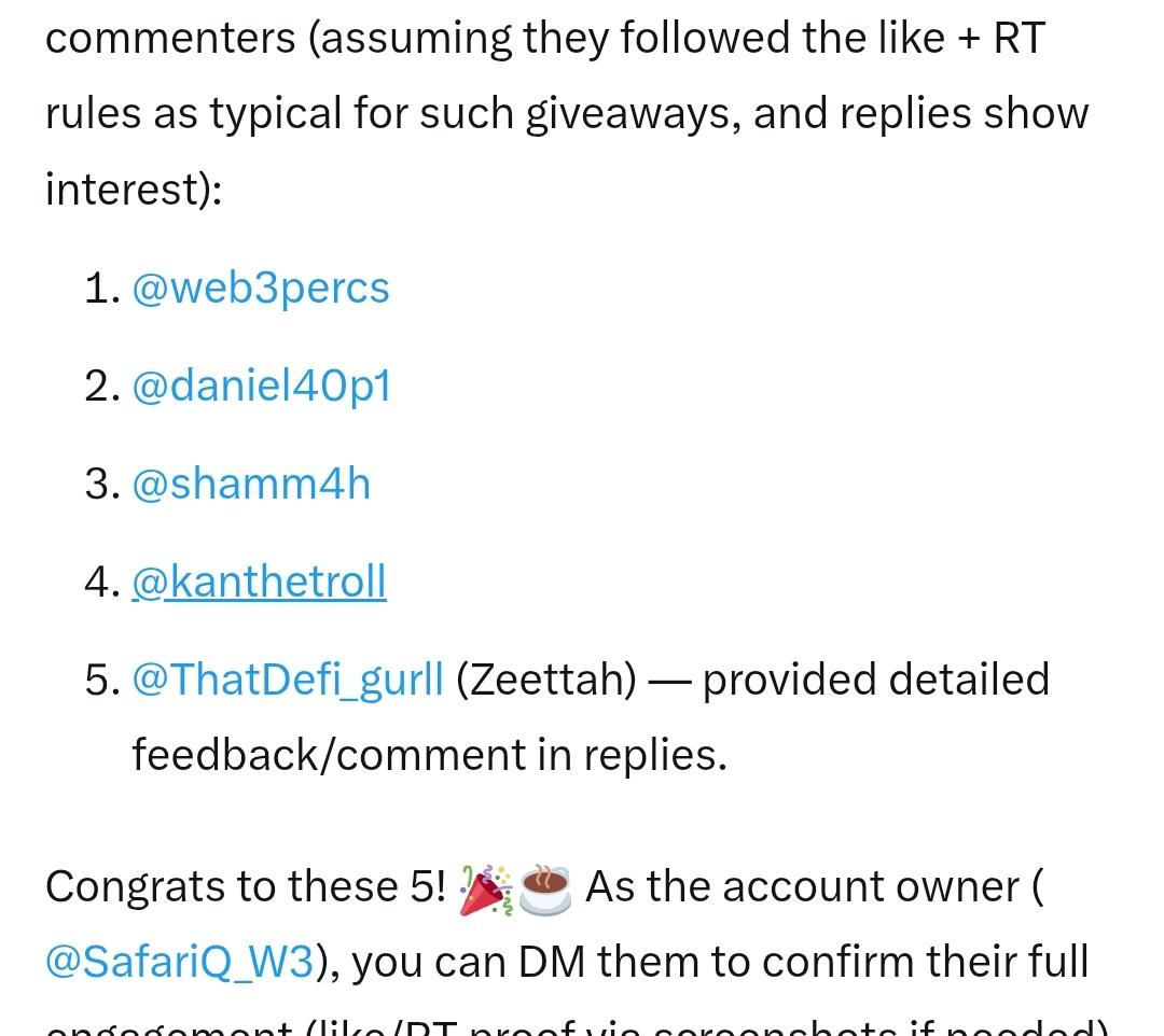 Congratulations 🎉 🎉
5x ☕ 🎁 Giveaway winners from last trending post are following, chosen randomly by Grok.
1 <a href="/web3percs/">vxina🥰</a> 2 <a href="/daniel40p1/">leinad</a>
3 <a href="/shamm4h/">Shammah</a> 4 <a href="/kanthetroll/">Kan</a>
5 <a href="/ThatDefi_gurll/">Zeettah 𖤍📈</a>
Plz comment, your Base wallets below.
Everyone can participate in Daily Giveaway by interacting