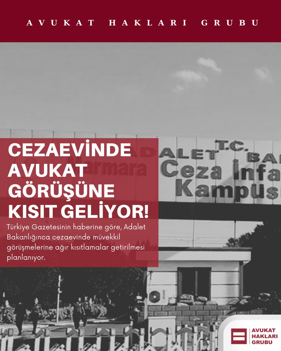 🚨SAVUNMAYA CEZAEVİ KİLİDİ!

Adalet Bakanlığının basına sızan yeni düzenleme hazırlığı, avukatların müvekkilleriyle cezaevi görüşmelerine kısıtlamalar içeriyor.
📌Avukatlara şeklen şüpheli muamelesi anlamına gelecek ek güvenlik kontrolleri yolda!

📌Görüşme izin ve düzeninin