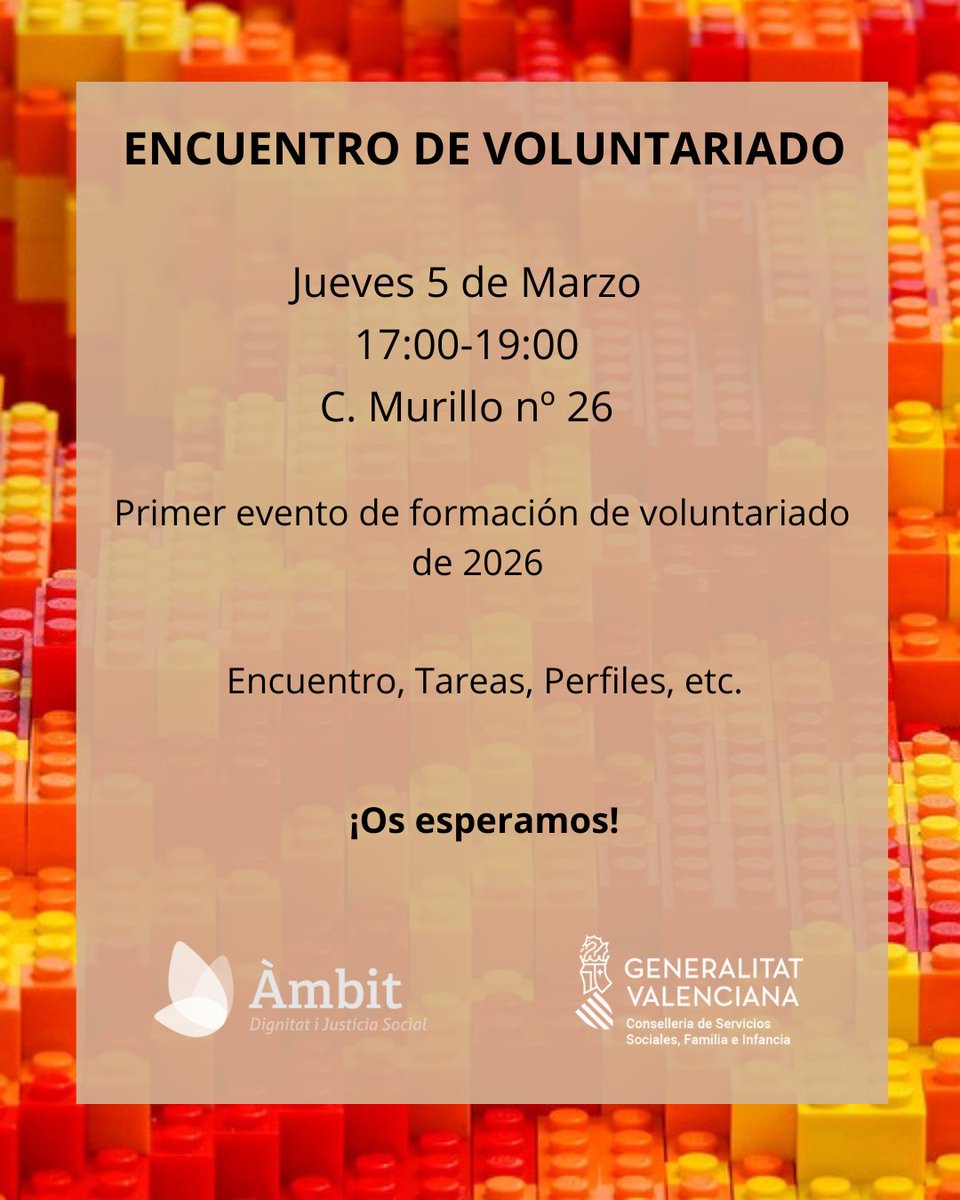 Os recordamos que este 5 de Marzo es nuestro primer encuentro de voluntariado de 2026.

Si quieres acompañar personas y de procesos de reinserción social estas más que invitado e invitada a asistir.

🗓️ Jueves 5 de Marzo
⌚ 17:00
📍 C/Murillo 26
🤝 ¡Ayúdanos a acompañar!