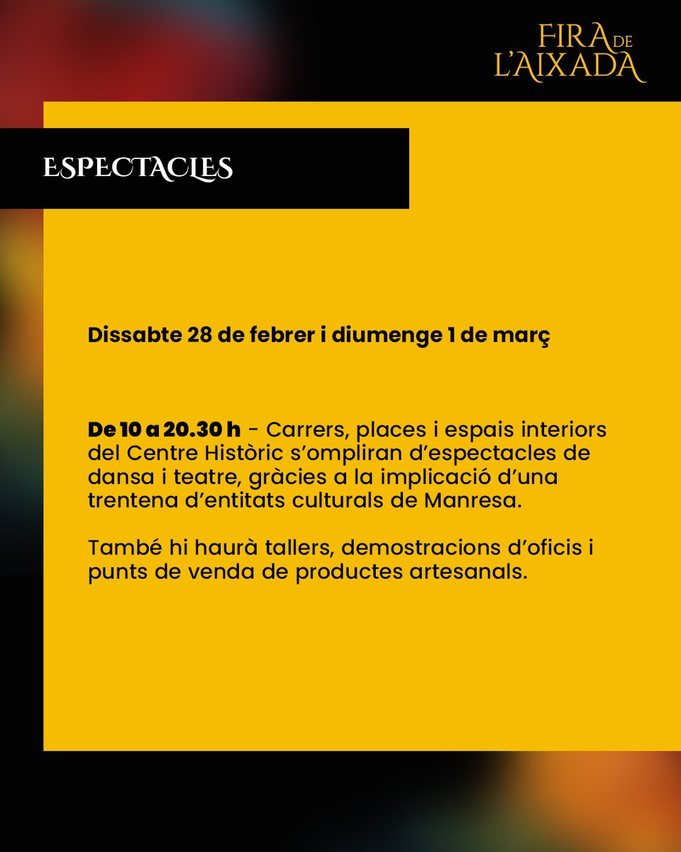 ajmanresa's tweet photo. ⚔️ Torna, un any més, la Fira de l'Aixada! Un viatge en el temps que et transportarà a l’edat d’or de la història de Manresa: el segle XIV ⏳.

🗓 Dissabte 28 de febrer i diumenge 1 de març

ℹ️ Consulta tota la programació a https://t.co/g6fFyCIJHw 

#FiraAixada #FestaDeLaLlum https://t.co/x5eb8nK5aM