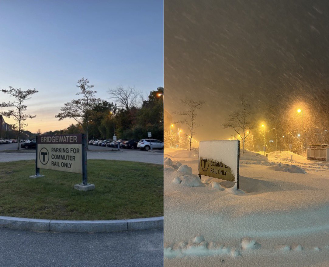 Bridgewater Commuter Rail Station in October compared to right now <a href="/MBTA/">MBTA</a> <a href="/MBTA_CR/">MBTA Commuter Rail</a> <a href="/NWSBoston/">NWS Boston</a>