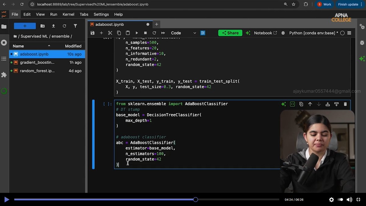 AjayKumar_0205's tweet photo. 🚀 Diving deeper into Boosting in Supervised ML
Working with AdaBoost (intuition + code), XGBoost, and understanding homogeneous vs heterogeneous ensembles.
Learning how weak models become strong together 🧠📈
#ShradhaKhapra_ #ApnaCollegeX #AIML #MachineLearning #LearningInPublic https://t.co/2rhb3up3Sp