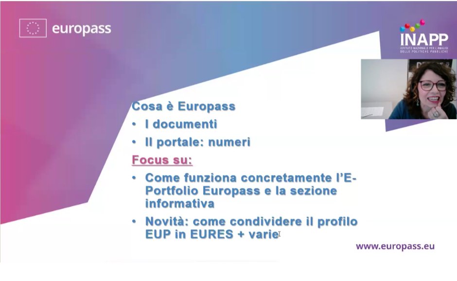 📅Il 19 febbraio scorso,  Valeria Scalmato, Responsabile del Centro Nazionale Europass ha tenuto il webinar dal titolo “Europass: strumento indispensabile per il lavoro dell'Eurodesk Mobility Advisor".

📘 Molti ricordano Europass come il semplice Curriculum Vitae europeo, ma dal