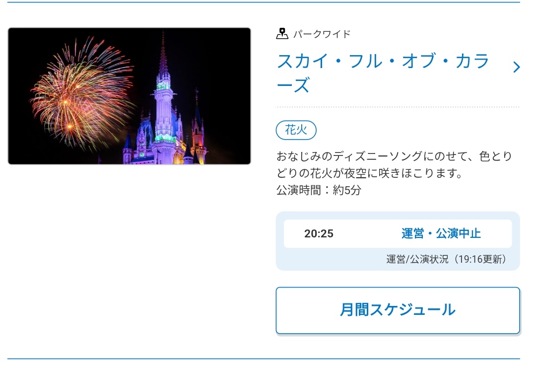 東京ディズニーリゾート】19:16現在 本日の花火🎇 スカイ・フル・オブ