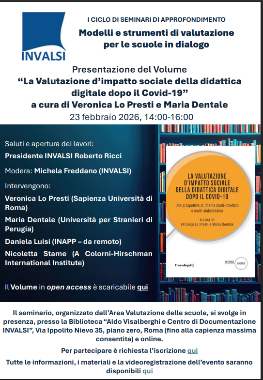 Invalsi_social's tweet photo. Il Presidente @R_Ricci_INVALSI apre il Ciclo di Seminari “Modelli e strumenti di valutazione per le scuole in dialogo”. Si inizia con il 📖“La valutazione d’impatto sociale della didattica digitale dopo il Covid-19” a cura di V. Lo Presti e M. Dentale

ℹ️https://t.co/KmMMOPN27L https://t.co/hEznLGfVya