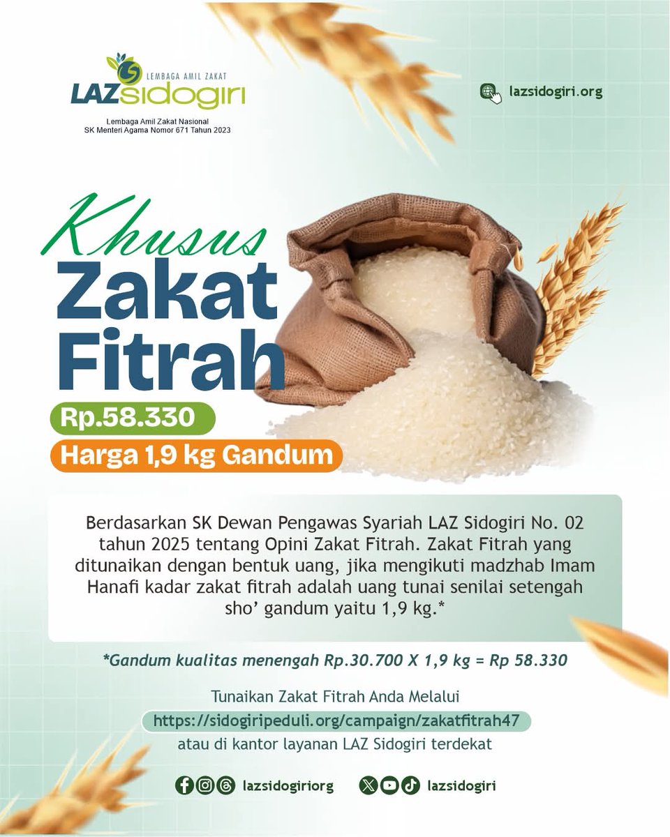 Lebaran tinggal hitungan hari… Outfit udah siap, tiket mudik aman… Tapi, zakat fitrah jangan sampai pending !

Cuma Rp58.330
✔️ kewajiban tuntas
✔️ hati tenang
✔️ bantu saudara kita ikut merasakan bahagia Lebaran 🤍

#ZakatFitrah #RamadhanVibes  #LAZSidogiri #LebaranHappy
