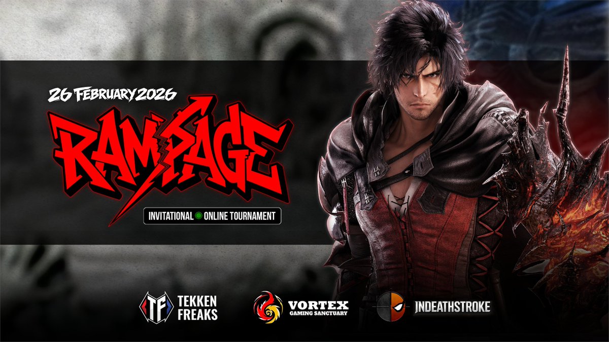 tekkenfreaks's tweet photo. Stage set. Controllers ready. RAMPAGE ignites the arena! 🔥 
An Invitational Online Tournament
Live on - https://t.co/78Y5HueZSP
Date: 26 February 2026 at 4:00 PM IST
#TEKKEN #RAMPAGE #InvitationalOnlineTournament #TEKKENFreaks #INDeathstroke #vortexgamingsanctuary #FGC #ESPORTS https://t.co/turMrvdGp0