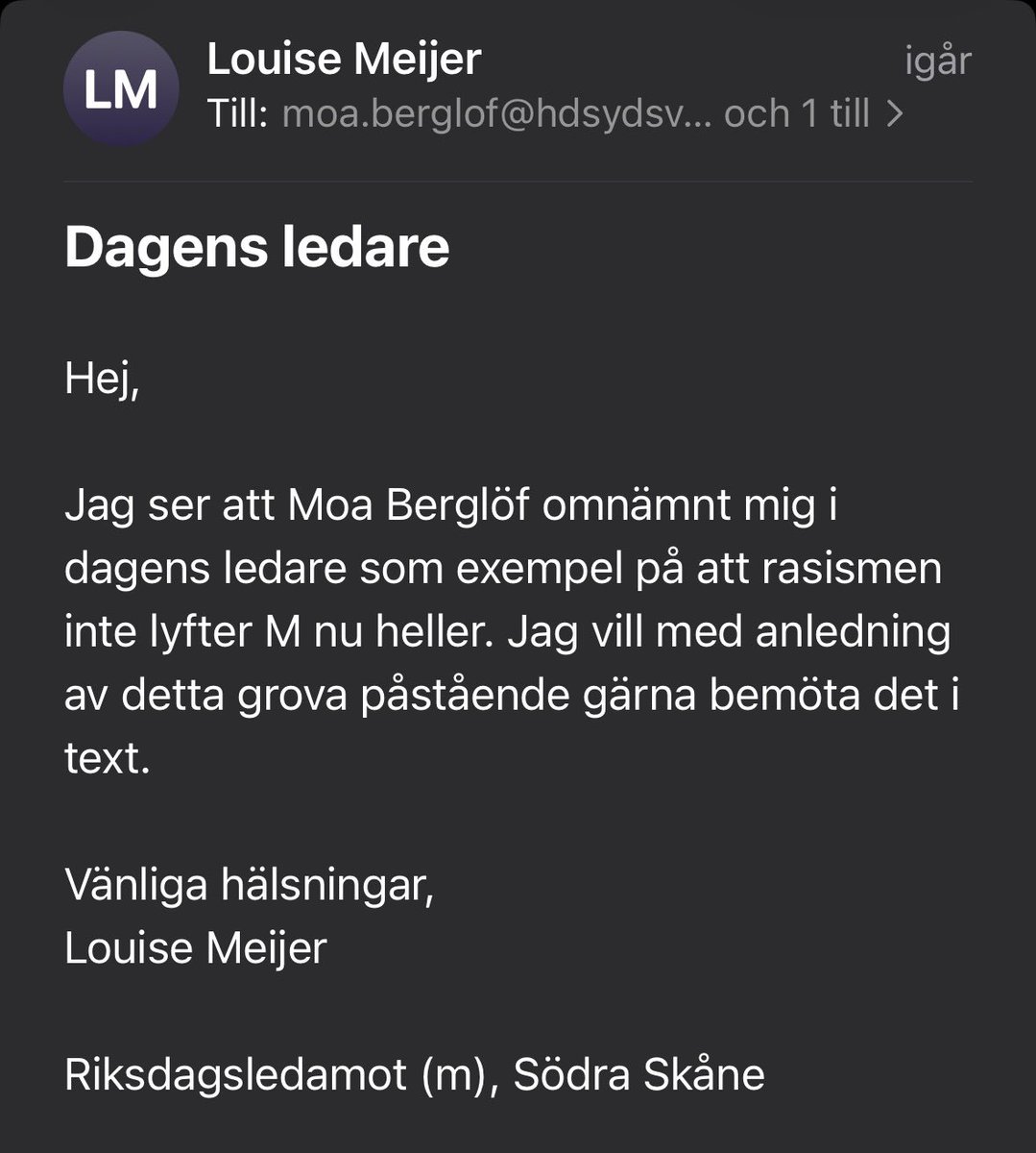 Hej <a href="/sydsvenskan/">Sydsvenskan</a> och <a href="/moabrglf/">Moa Berglöf</a>. Ni har inte svarat på mitt mail och jag undrar fortfarande om jag får en replik på gårdagens ledare?