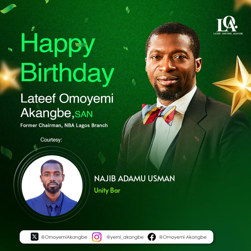 Happy Birthday to a distinguished legal luminary, refined advocate, and inspiring leader, Lateef Omoyemi Akangbe SAN (<a href="/OmoyemiAkangbe/">Lateef Omoyemi Akangbe, SAN</a>)

Your journey at the Bar continues to reflect excellence, integrity, and an unwavering commitment to the advancement of the legal profession.