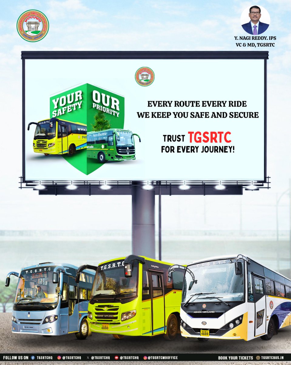 TGSRTCHQ's tweet image. 🛡️ From city services to long-distance journeys, TGSRTC stands with reliability, comfort, and Safety at every step.
Trust TGSRTC for every journey! 🚌

Book your tickets at: tgsrtcbus.in

#TGSRTC #SafeJourney #PublicTransport #SafeTravel #BookOnline  #TravelSmart