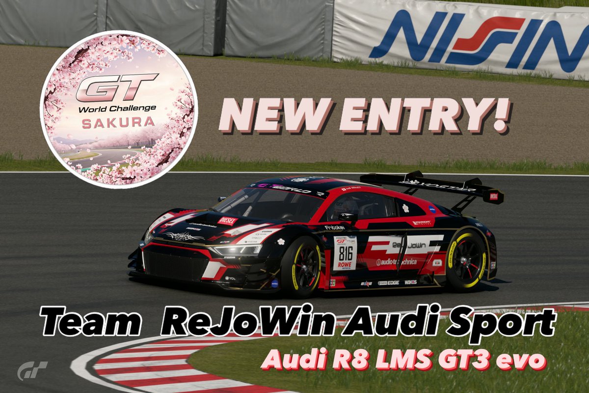 GTWCS_official's tweet photo. #GTWCS_GT7
 エントリー紹介
No.816 Team ReJoWin Audi sport
勢いのある新興GT7チーム、ReJoWinは Audi R8 evoを投入！sharlotte(@roki_sharlotte)選手、ふざけんた(@FUZAKENTA_KFC )選手、ぶーる(@bull_1022 )選手、ナコ(@nako_serina )選手というGTWCS最多の4名体制でチャンピオンを狙います！💪 https://t.co/jBn9Ng0hji
