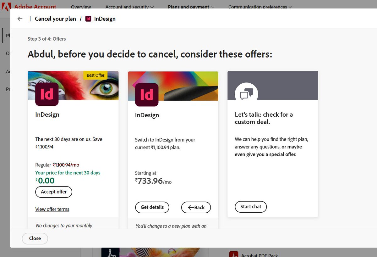 haseebp's tweet photo. The real Adobe pricing page is apparently the cancellation screen. https://t.co/gyF5Tgg1ym