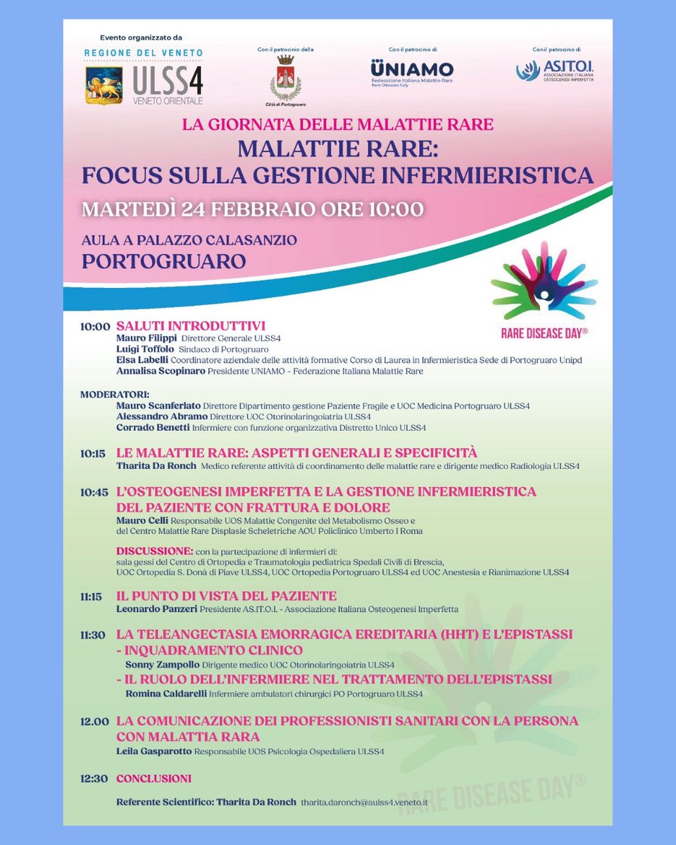 ulss10's tweet photo. In vista della Giornata Mondiale delle #MalattieRare, #Ulss4 promuove un momento di approfondimento dedicato alla cura e alla presa in carico delle persone con #malattierare.
📍 Martedì 24 febbraio a Palazzo Calasanzio, Portogruaro https://t.co/3Gj0m8TpJU