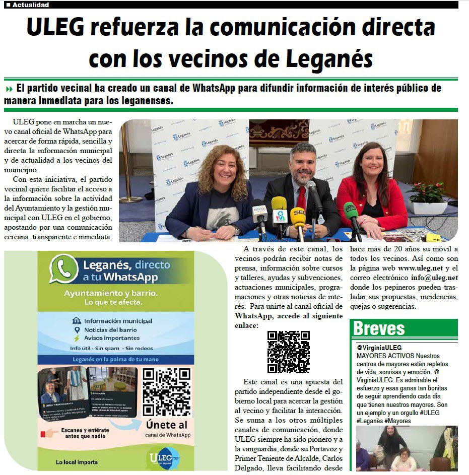 🗞️ El periódico <a href="/PrensaSurMadrid/">Sur Madrid Periódico</a> se hace eco del nacimiento del canal de comunicación de #ULEG en WhatsApp.
En este canal difundirá información de interés público para los vecinos de Leganés.

🤝 #ULEG refuerza de este modo su marcada vocación de servicio al ciudadano, donde ha