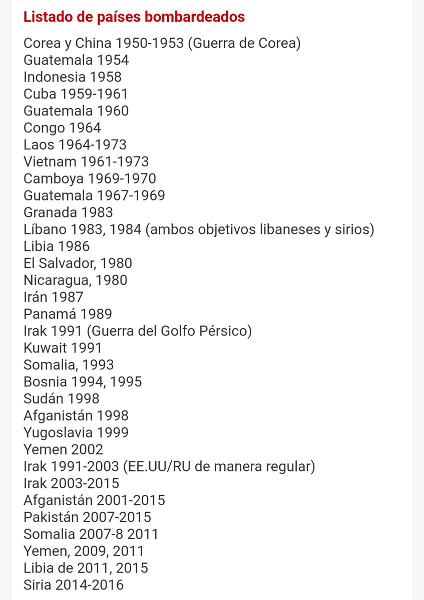 'Irán es muy peligroso'

Listado de países bombardeados por EEUU desde los años 50 del pasado siglo.