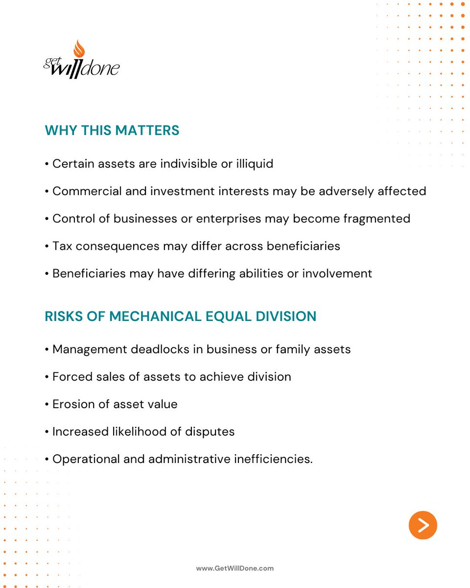 getwilldone's tweet photo. Fairness in inheritance isn’t just equal division. ⚖️
Simple splits can cause disputes, deadlocks &amp; loss of value.

Smart succession planning aligns assets with realities, tax impact &amp; beneficiary needs.

Plan with intention. Protect your legacy.
#SuccessionPlanning https://t.co/k57gwNK8y4