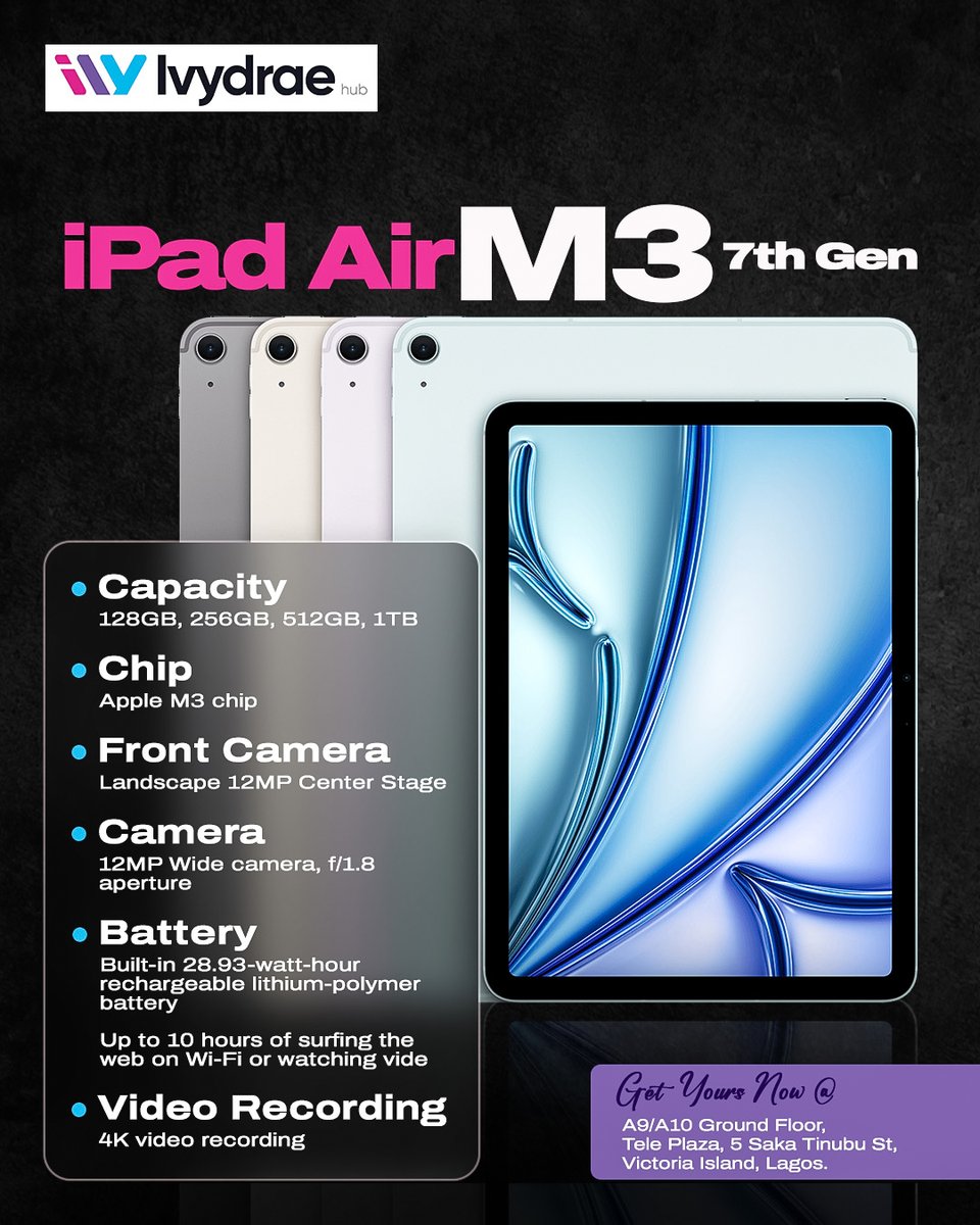 IvydraeHub's tweet photo. Which one are you picking? 👀
iPad 10 💙
iPad 11 💜
iPad Air M3 🔥

Whether it’s for work, school, content creation, or flexing smart… we’ve got the perfect iPad for you.

Available in multiple capacities &amp; stunning colors.

#IvydraeHub #iPadLagos #AppleNigeria #GadgetSales https://t.co/yZeFs5xAZF