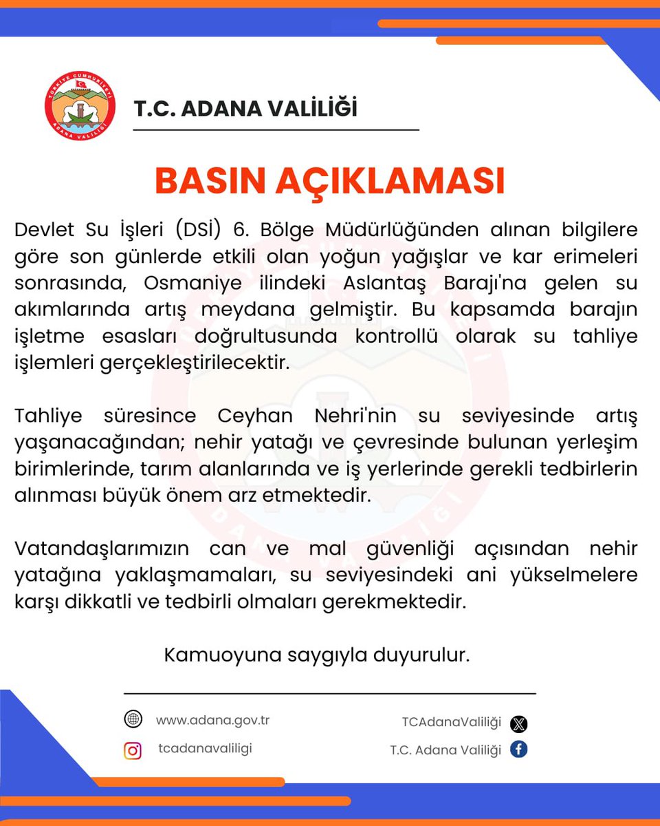 Aslantaş Barajı’nda Yapılacak Kontrollü Su Tahliyesiyle İlgili Basın Açıklaması

#tcadanavaliligi
#valimustafayavuz 
#adana
#ceyhan