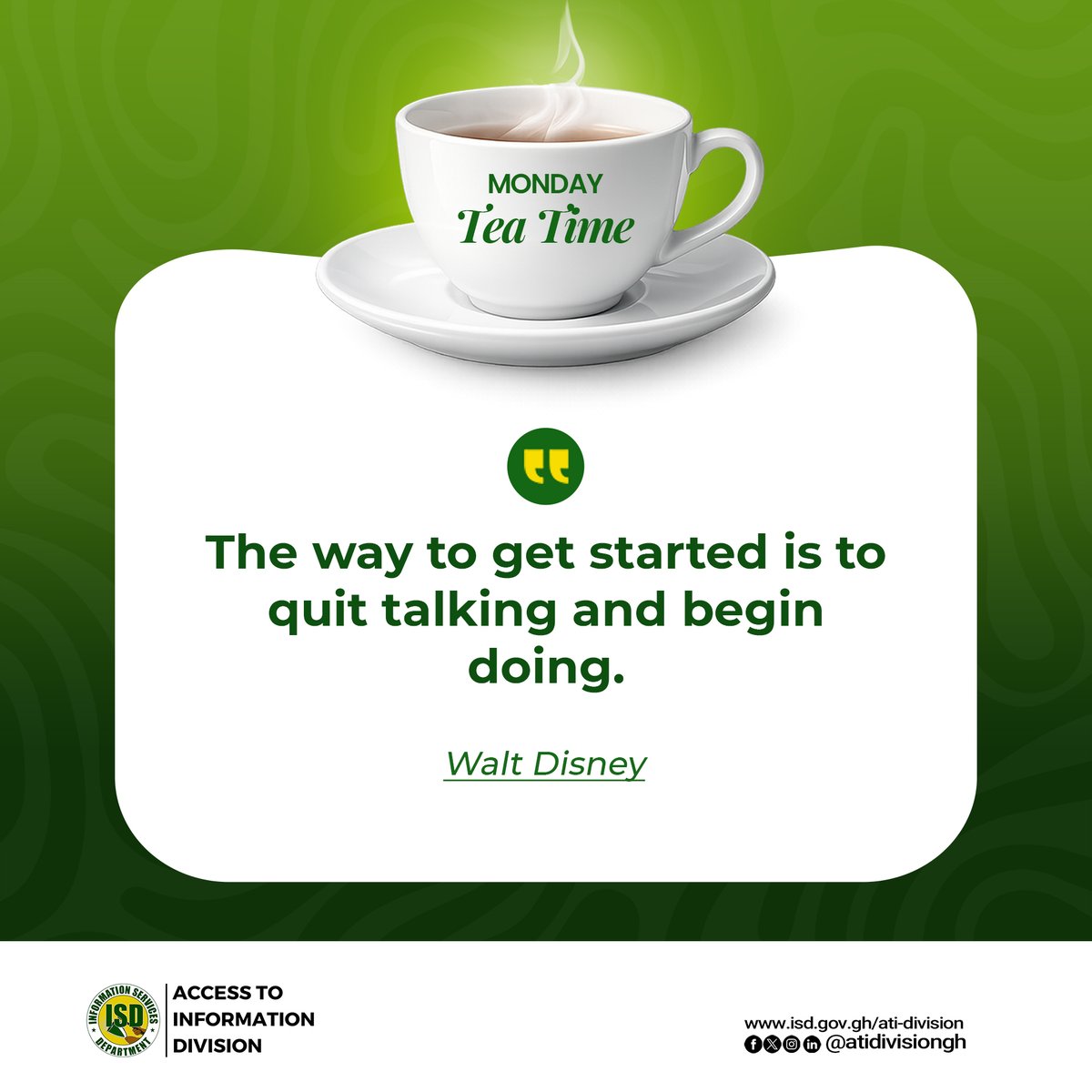 ATIDivisionGh's tweet photo. Start your week with action, not just intention.

“The way to get started is to quit talking and begin doing.” – Walt Disney

This Monday, let’s move from ideas to impact.
#MondayTeaTime #StartDoing #ATID #ISDGhana https://t.co/tFgNDjQFyY