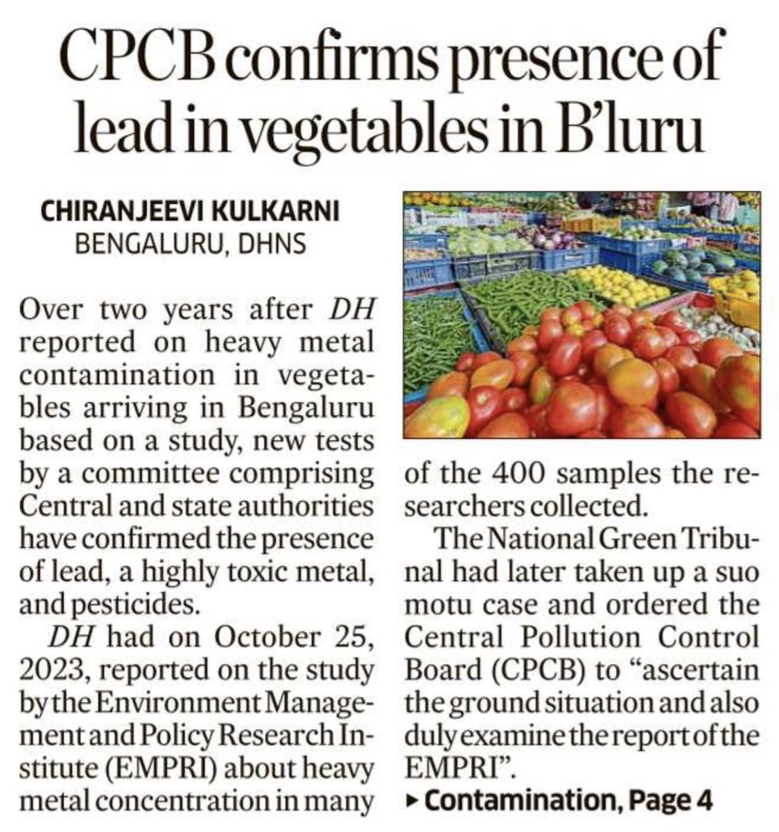 Lead found in 26% of vegetable samples in Bengaluru, according to the Central Pollution Control Board. 

Even some “organic” produce showed dangerously high levels. Food safety concerns need urgent attention, observes CPCB