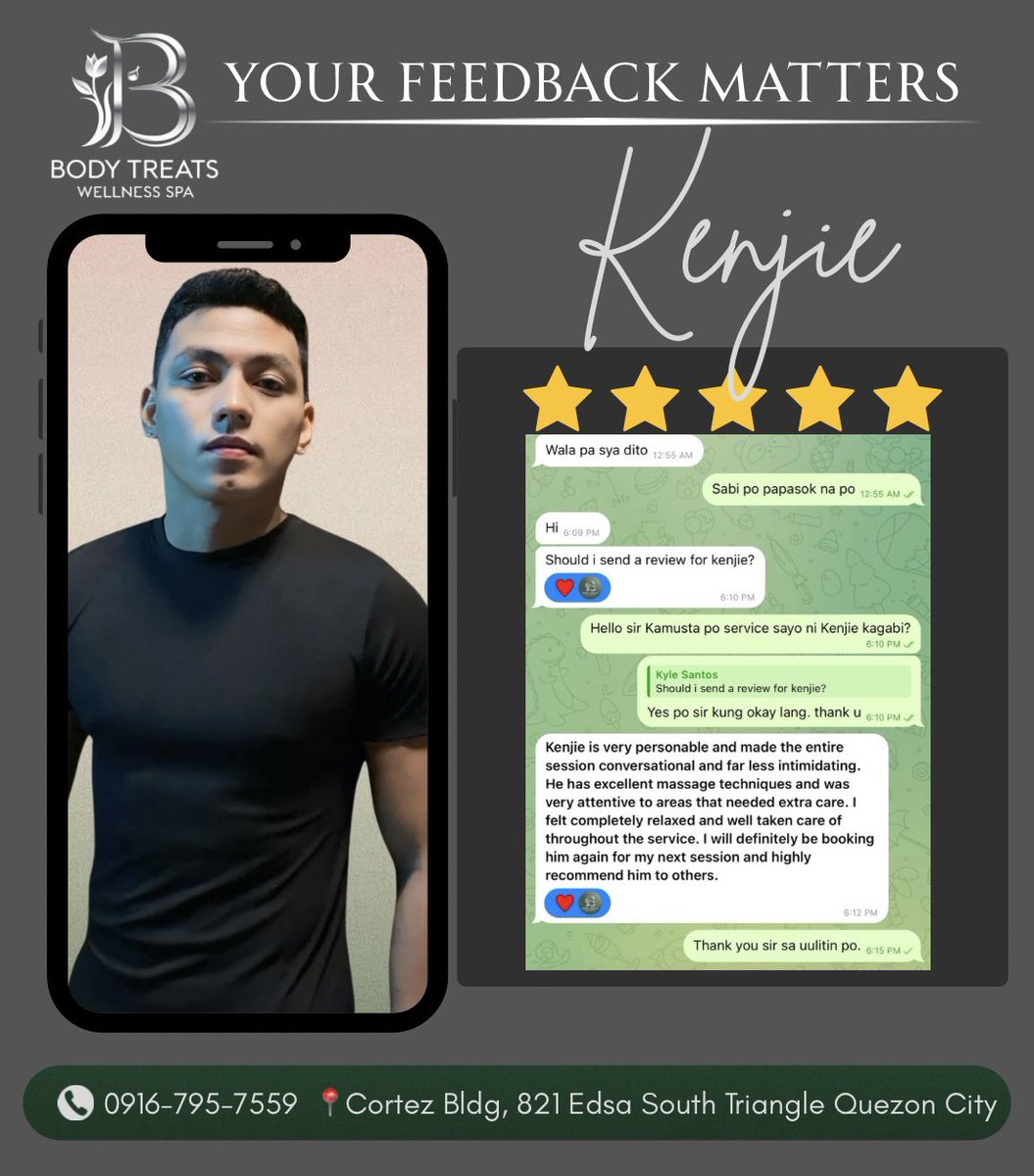 btwsreviews's tweet image. Another great review for Kenjie. 💆‍♂️
Excellent technique, attentive care, and a truly relaxing experience. Thank you for the trust.

#ClientLove #BookKenjie #BodyTreatsWellnessSpa