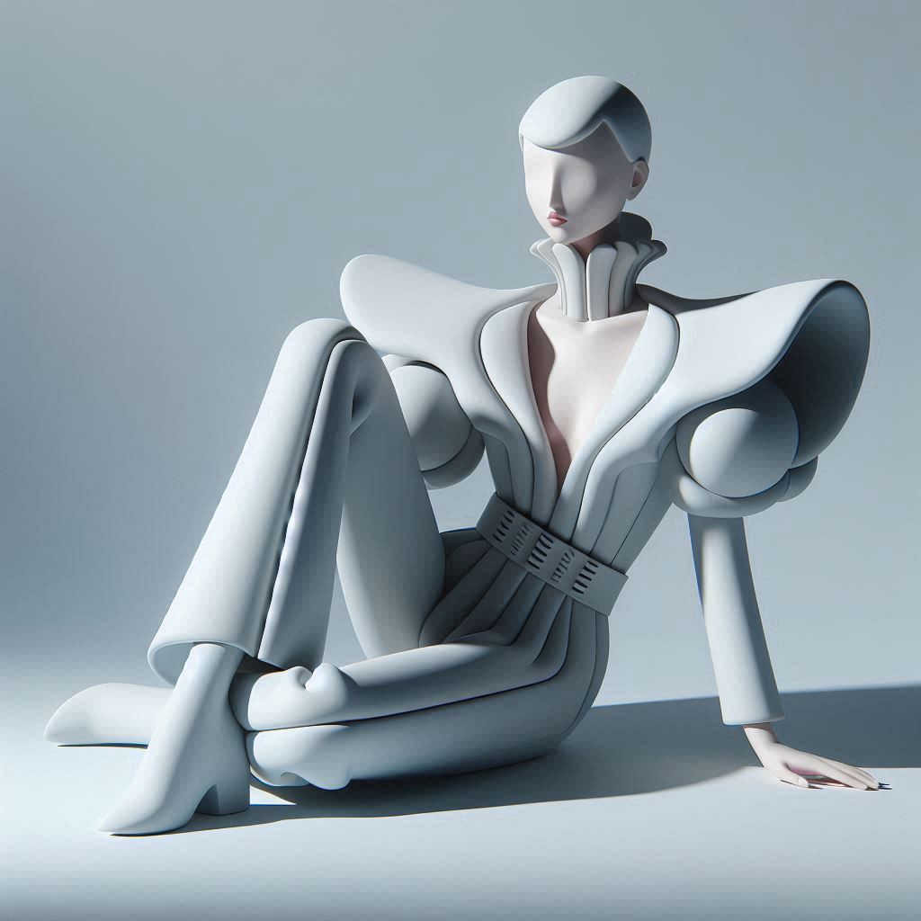 RockGrokAI's tweet photo. #Prompshare Minimalist 3D studio render of a stylized, porcelain-like fashion character seated on the floor in a relaxed editorial pose, with smooth matte surfaces and simplified, slightly androgynous facial features. Soft pastel icy blue dominates the palette with muted charcoal-gray accents and small desaturated red details. The outfit is avant-garde and sculptural, featuring exaggerated geometric shapes, a high structured collar, rounded scroll-like forms flowing behind the figure, and a playful crown with bulbous tips. Materials resemble velvety matte ceramic or polymer clay with subtle subsurface scattering and gentle ambient occlusion. Lighting is soft, diffused, and high-key against a clean neutral gray gradient background, with delicate shadows and no harsh reflections. Centered full-body composition, slightly low camera angle, ultra-clean high-resolution render, global illumination, contemporary character design with a cohesive pastel monochrome aesthetic.
