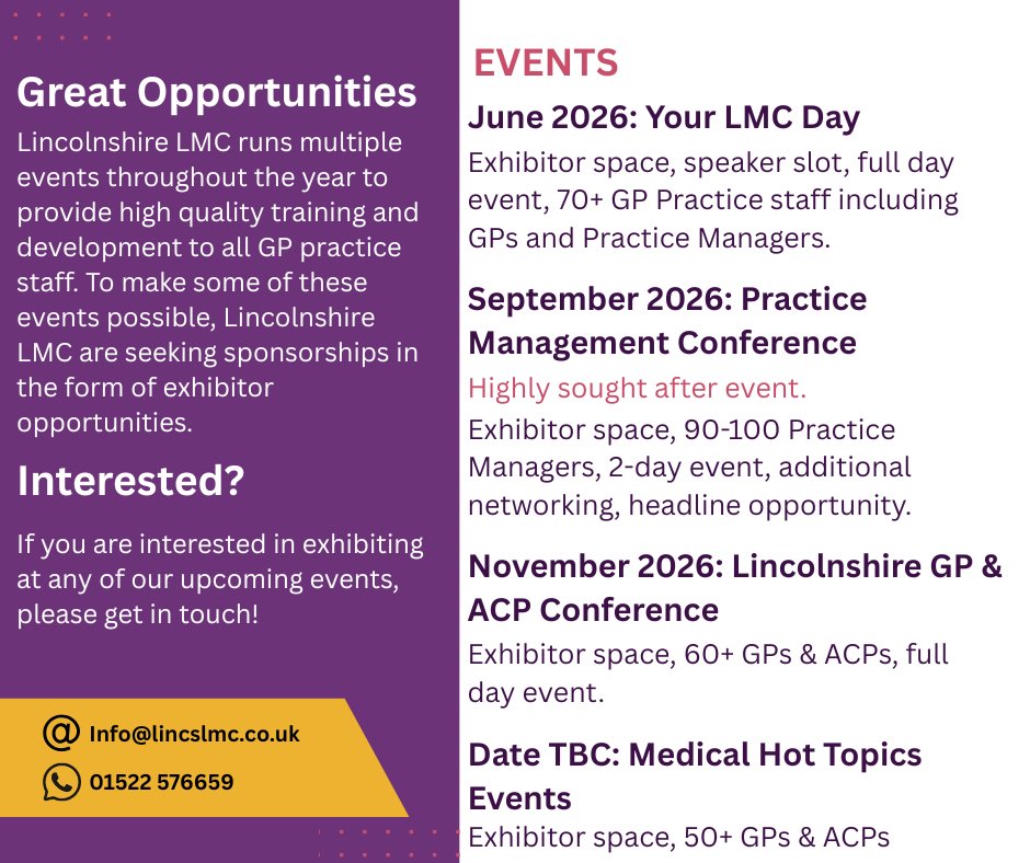 Join us at a Lincolnshire LMC Event by becoming an exhibitor! 

To make some of these events possible, Lincolnshire LMC are seeking sponsorships in the form of exhibitor opportunities.

For more information visit: lincslmc.co.uk/exhibit-at-a-l…

#LincsLMC #LincsLMCEvents