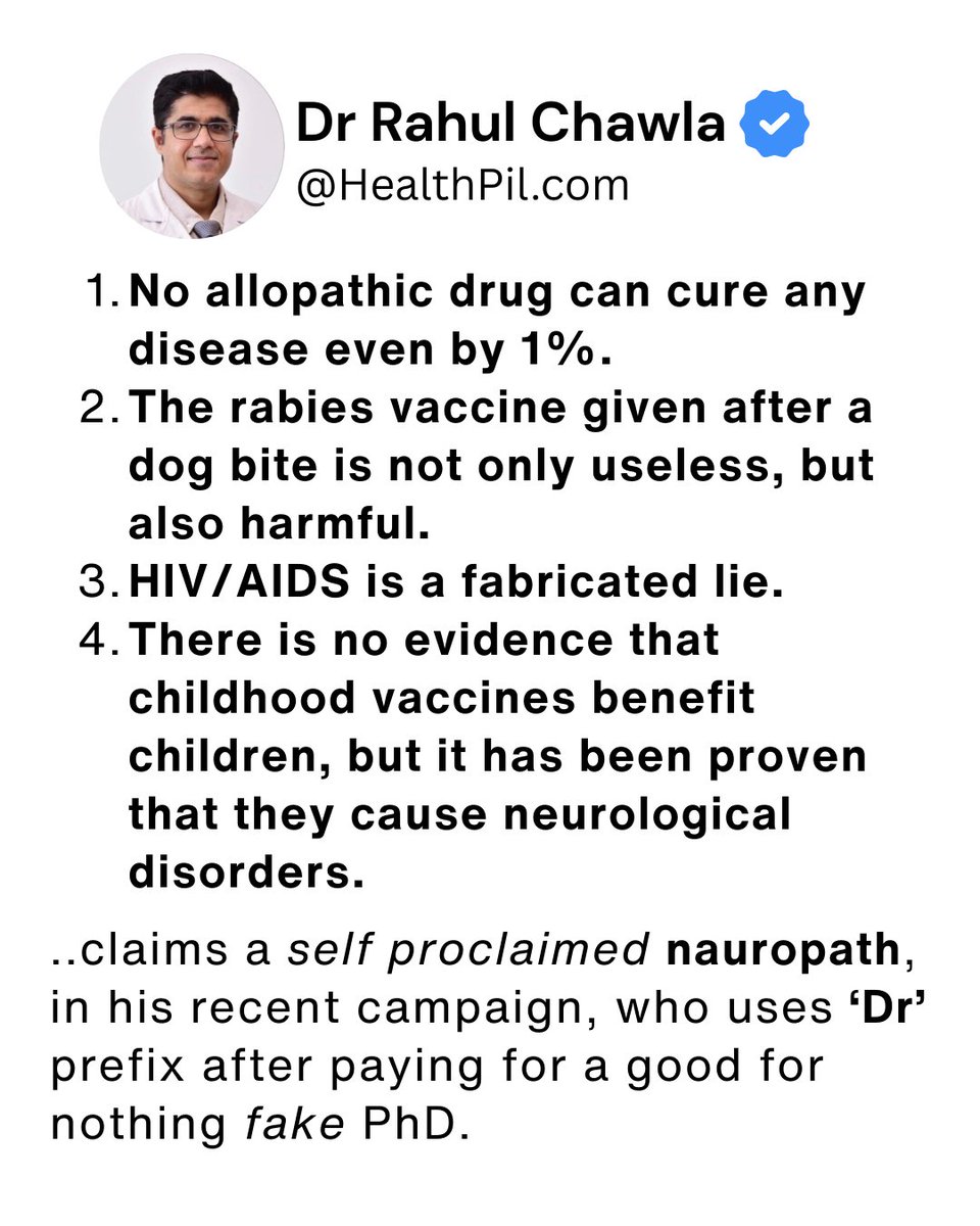 docrahulchawla's tweet photo. This is the audacity of a rabid quack. @IndianMedicalA2  Indian Medical Association and other organizations, @NMC_IND , @MoHFW_INDIA  Ministry of health - no one has done anything to stop this menace of health misinformation.

#MedTwitter #MEdX https://t.co/HTxPMXkv9q