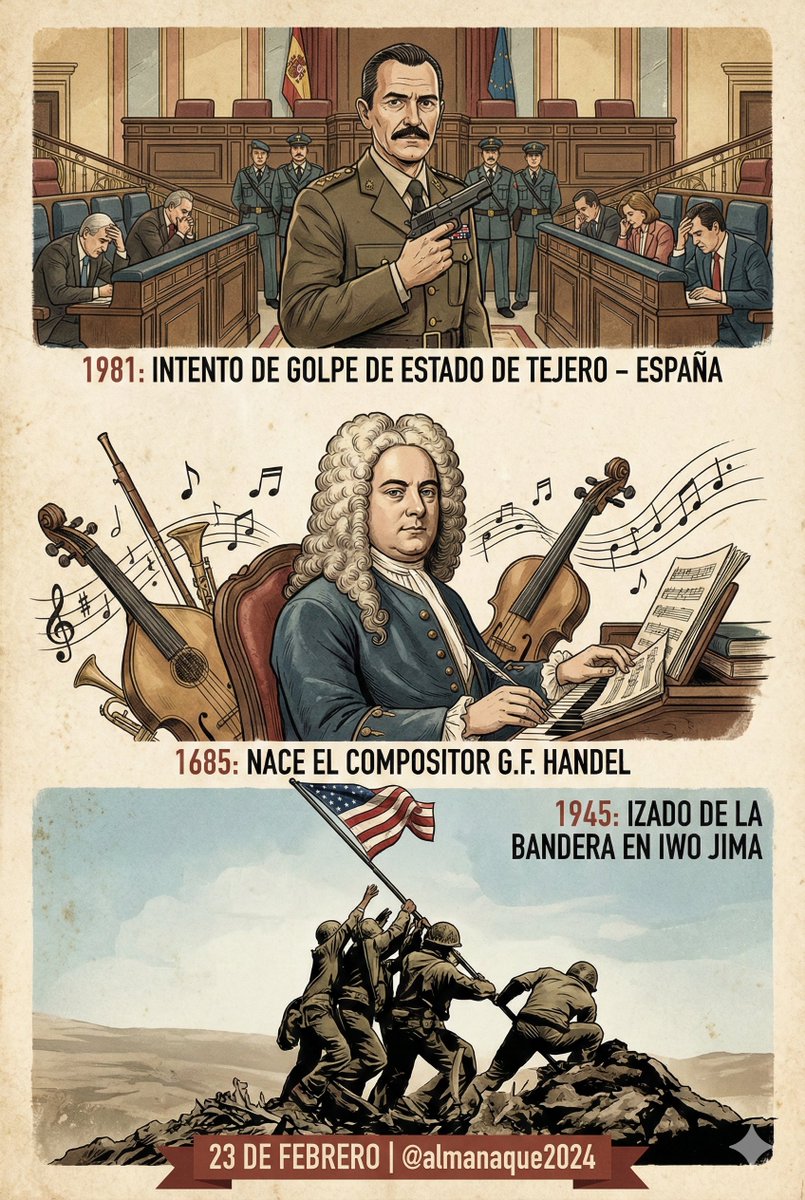 Ilustración de las efemérides de hoy, 23 de Febrero.
#almanaque #23F #tejero #handel #iwojima