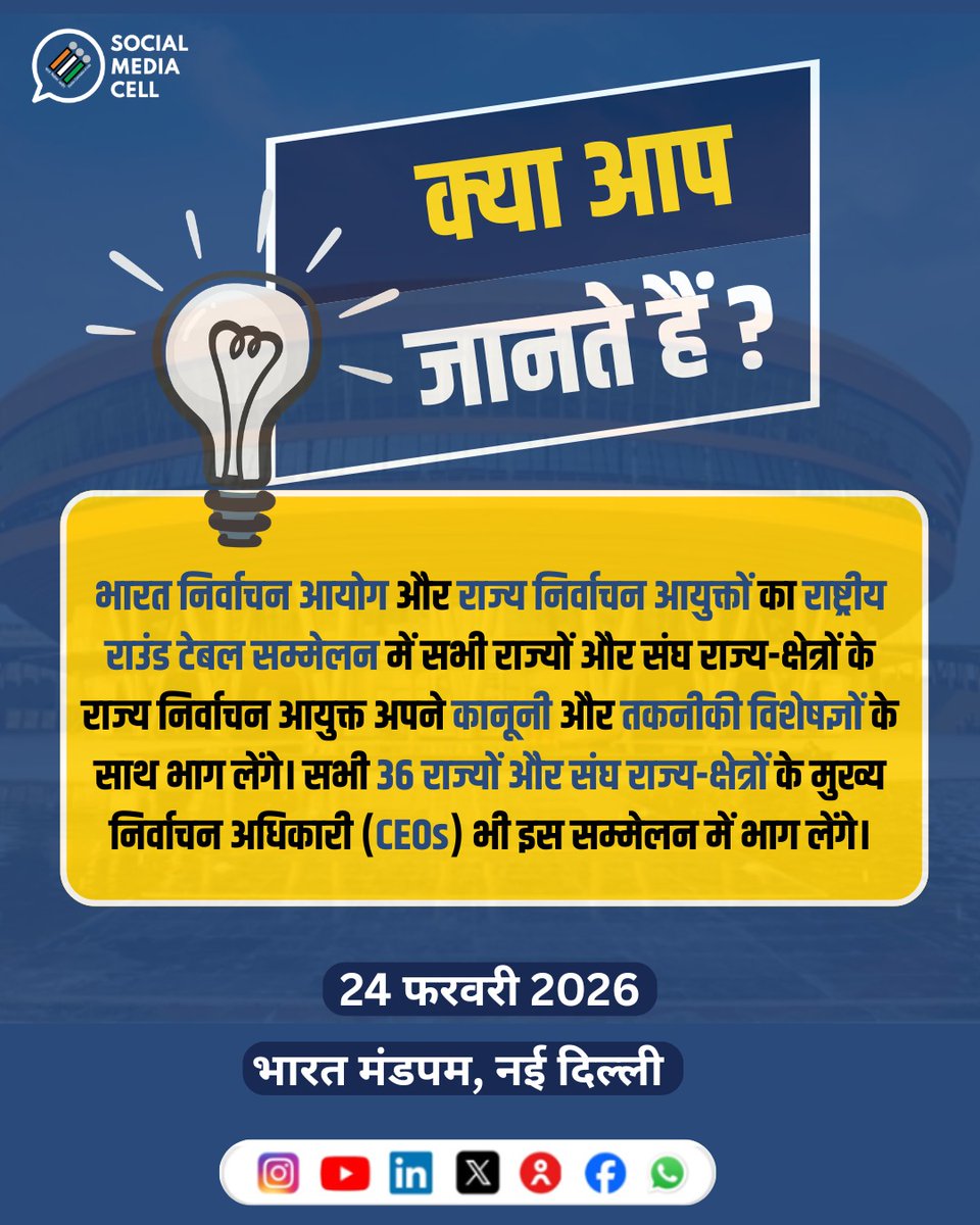क्या आप जानते हैं?

भारत निर्वाचन आयोग और राज्य निर्वाचन आयुक्तों का राष्ट्रीय राउंड टेबल सम्मेलन में सभी राज्यों और संघ राज्य-क्षेत्रों के राज्य निर्वाचन आयुक्त अपने कानूनी और तकनीकी विशेषज्ञों के साथ भाग लेंगे। साथ ही सभी 36 राज्यों और संघ राज्य-क्षेत्रों के मुख्य निर्वाचन