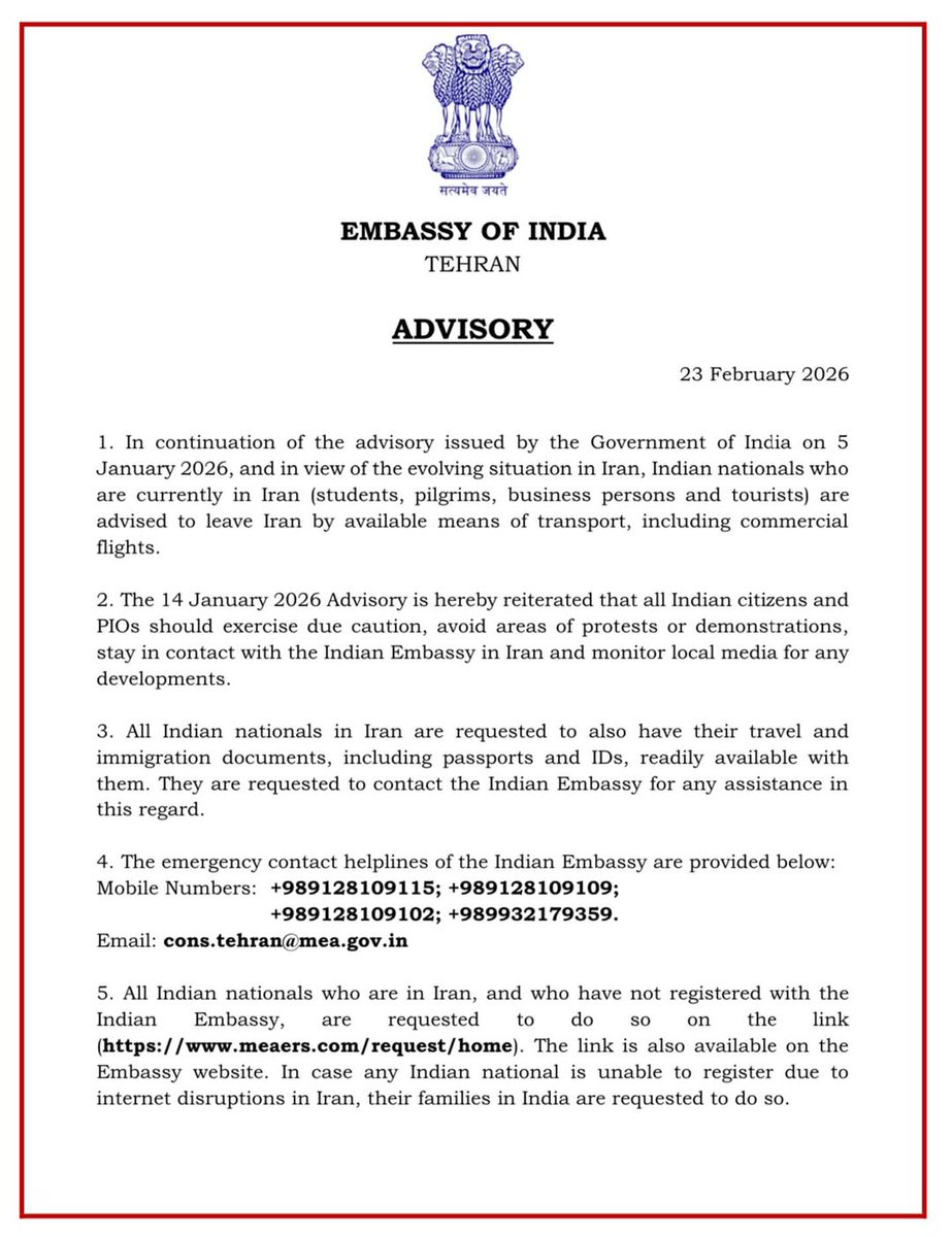 Hindistan'ın Tahran Büyükelçiliği, vatandaşlarını derhal İran'ı terk etmeye çağırdı.