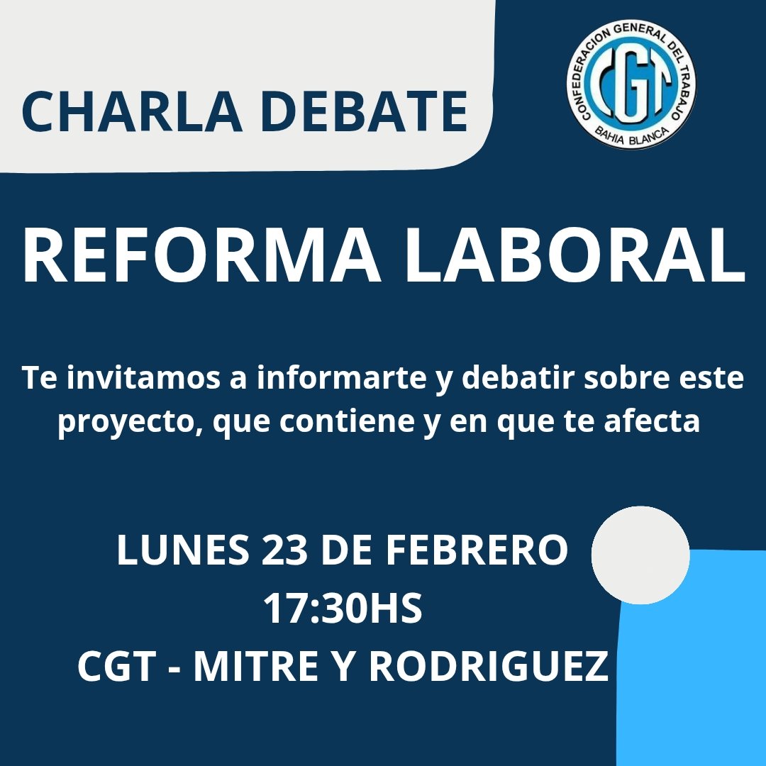 Si queres informarte del contenido de la reforma laboral y en que te afecta, te invitamos a la charla y debate que organizamos para este lunes 23 de febrero a las 17:30hs en CGT (Mitre y Rodriguez).
La charla va a estar a cargo de <a href="/SebaMasok/">Seba Mas</a>