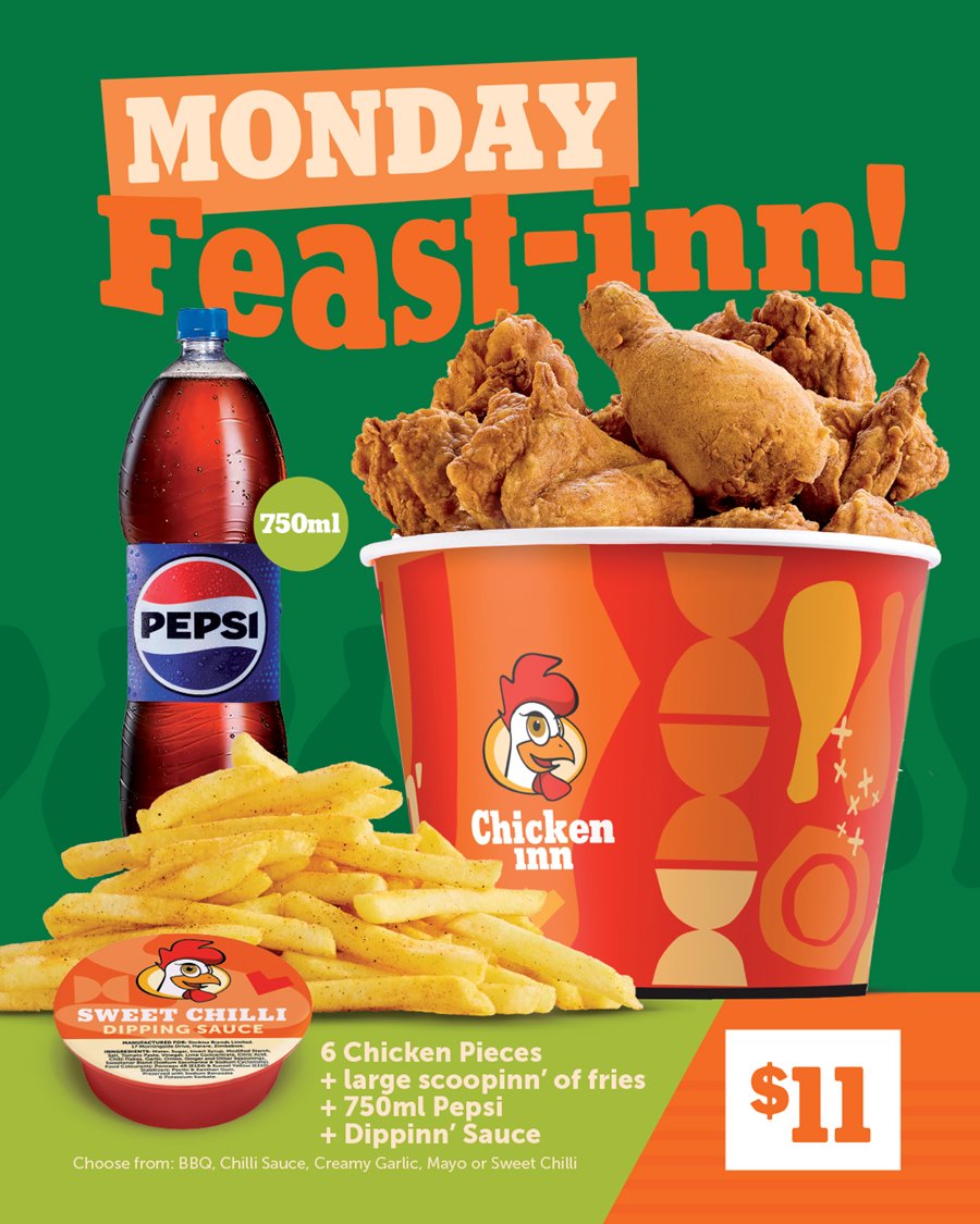 ChickenInnZW's tweet image. Monday lunch plans? Handled! Get the Monday Feast-inn! Big meal, big mood, big start to the week!

#LuvDatChicken #ChickenInnZW