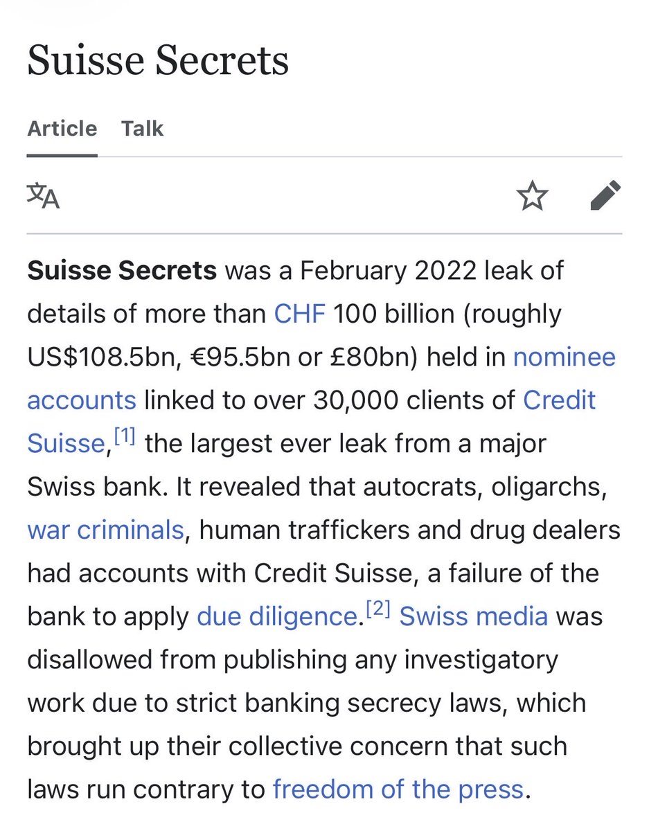 in 2022, a massive leak known as the “𝐬𝐮𝐢𝐬𝐬𝐞 𝐬𝐞𝐜𝐫𝐞𝐭𝐬” exposed details of more than 18,000 accounts held at credit suisse.

the investigation, led by outlets like Süddeutsche Zeitung and the Organized Crime and Corruption Reporting Project, revealed how sensitive