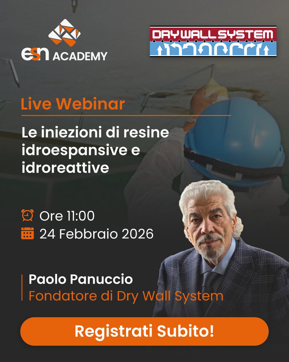 DrySrl's tweet photo. 🔵🔴 Live Webinar di approfondimento sulle iniezioni di resine idroespansive e idroreattive con il nostro fondatore, Paolo Panuccio.

▶️ Appuntamento: ore 11.00 di domani (24 febbraio 2026).

✅ Per iscrizioni: https://t.co/AqH2WPxttZ

#drywallsystem #dws #resina #resine https://t.co/7txFNdc7ds