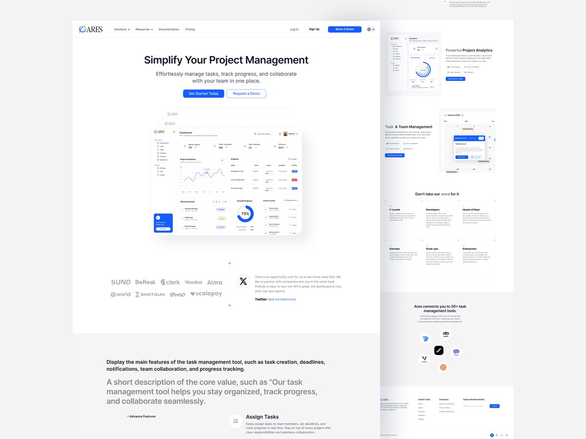 design_ideat's tweet photo. Streamlining task tracking &amp; team collaboration with this sleek SaaS project management landing page design!

Let me know your thoughts on this design! Feel free to connect if you're looking to create something similar. #DesignInspiration #UXDesign #SaaSDesign #AppDesign #UserEx https://t.co/xkZ5JYNgFM