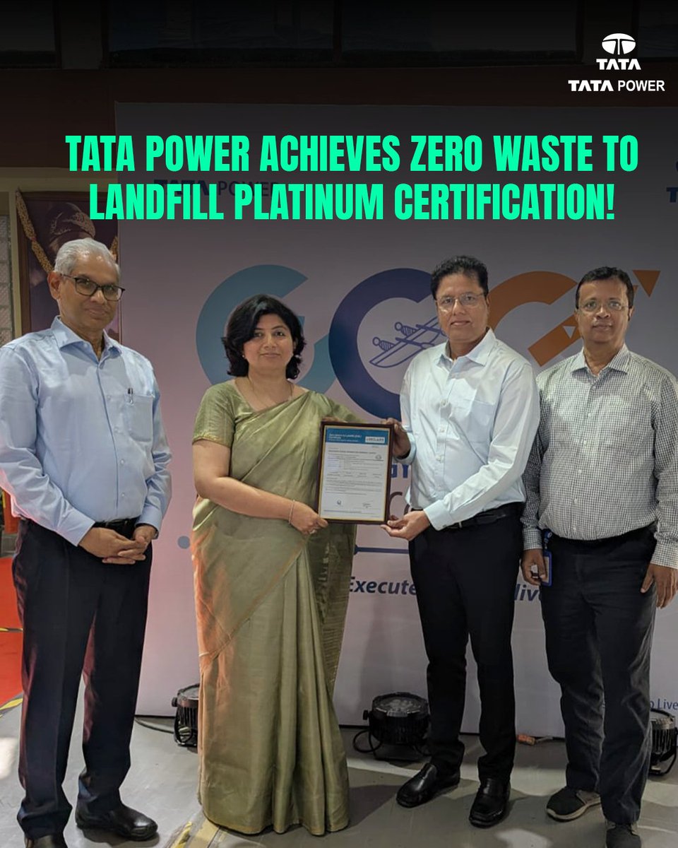 TataPower's tweet photo. We are proud to announce that Tata Power – Generation Cluster has earned the prestigious Zero Waste to Landfill Platinum Certification.

With a strong commitment to sustainable waste management, the Corporate Environment & Climate Change team has led the Zero Waste to Landfill certification initiative, marking a significant step forward in Tata Power’s journey toward Zero Waste to Landfill (ZWTL). Prayagraj Power Generation Company Limited (PPGCL) has successfully implemented a structured and systematic waste management framework focused on minimizing waste generation and ensuring waste is reduced, reused, recycled, recovered, and scientifically managed — with no disposal to landfill.

This initiative aligns with Tata Power’s long-term strategic objective of achieving Zero Waste to Landfill by 2030.

This achievement highlights:
• Identification and mapping of waste streams
• Robust tracking and monitoring systems
• Maximizing recycling, reuse, and resource recovery
• Strict adherence to environmental compliance
• Strong commitment to a circular economy
We are one step closer to our Zero Waste to Landfill by 2030 goal and continue to lead the way in sustainability and environmental stewardship.
At Tata Power, we are driving change for a cleaner, greener future.

#TataPower #ZeroWasteToLandfill #Sustainability #CircularEconomy #GreenFuture