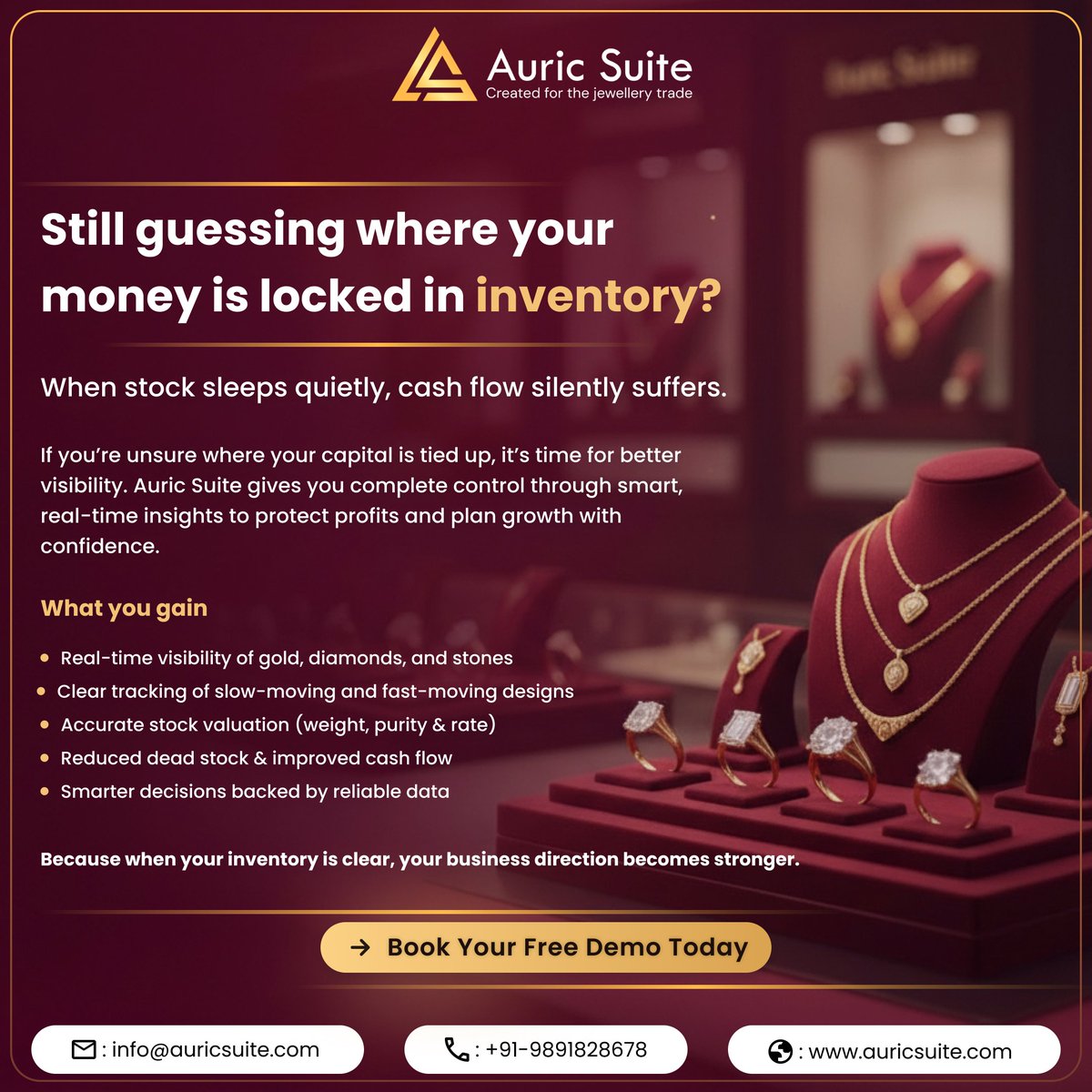 auricsuite's tweet photo. Still guessing where your money is locked?

When inventory sleeps, cash flow suffers.

With @auricsuite, get real-time visibility of gold, value stock accurately and make smarter decisions.

Stop guessing. Start growing. 
#AuricSuite #JewelleryERP #SmartInventory https://t.co/PmXlT96Qt4