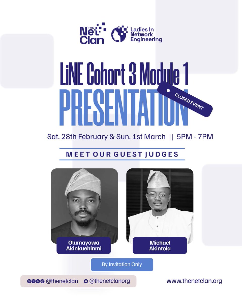 PRESENTATION WEEKEND: LiNE Cohort 3 – Module 1

The moment has arrived! 💡
80 incredible women from 9 African countries are ready to showcase their mastery of Introduction to Networking the foundation of every great Network Engineer.

📅 Feb 28 – Mar 1, 2026
⏰ 5–7PM WAT (each