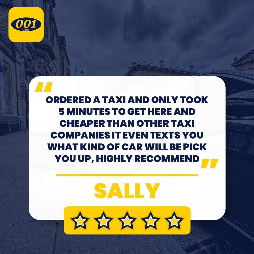 001Taxis's tweet image. Ordered a taxi and it only took 5 mins!
Sally gave 001 Taxis 5⭐for a reason!
Book now for stress-free rides in Oxford: onelink.to/001taxiapp
#001Taxis #Oxford #CustomerReview
