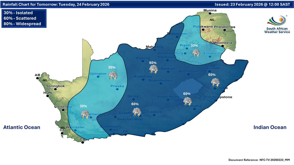 SAWeatherServic's tweet image. Weather forecast for today and tomorrow, 23-24 Feb 2026:
Cloudy n the central and eastern parts, otherwise partly cloudy and cool to warm but hot in places, with 30-60% showers and thundershowers but 80% over the central parts for today.⚠️ Severe thunderstorms
#saws #SAWeather