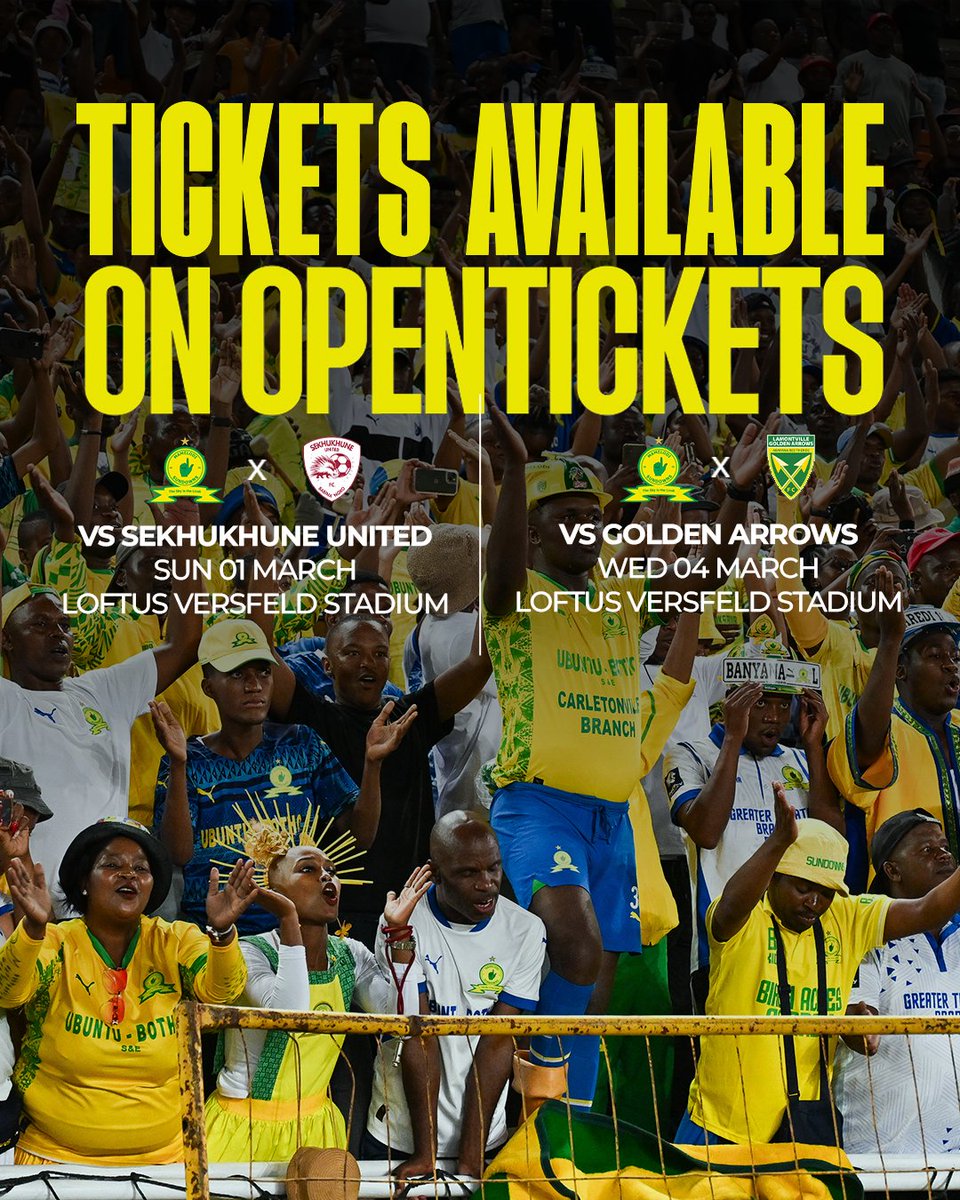 𝙏𝙄𝘾𝙆𝙀𝙏𝙎 𝙉𝙊𝙒 𝘼𝙑𝘼𝙄𝙇𝘼𝘽𝙇𝙀 👆

It’s a busy start to March at Loftus as the Brazilians take on back-to-back home games! 🔥

🎟️ Sekhukhune United – 1 March: Grab your tickets here: bit.ly/DownsVsSekh

🎟️ Golden Arrows – 4 March: Get your tickets here:
