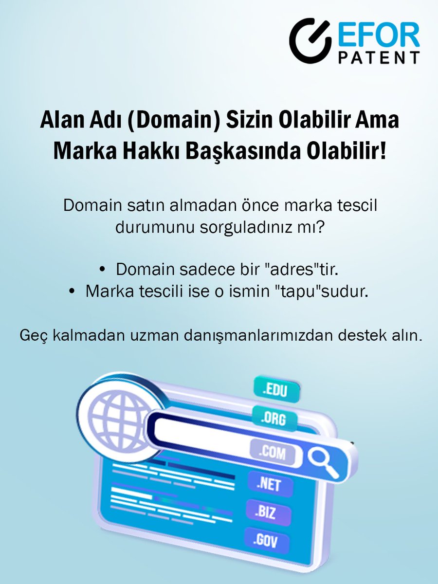 EforPatent's tweet photo. Alan adınızı tescil etmeniz, o ismin hukuki haklarına sahip olduğunuz anlamına gelmez. Marka hakkı başkasında olan bir domain, emeklerinizin boşa gitmesine neden olabilir! 

​Geç kalmadan uzman desteği alın!

📲+90 (212) 2114211
💻info@eforpatent.com 

#EforPatent #markatescili https://t.co/vzSdgqZd3I