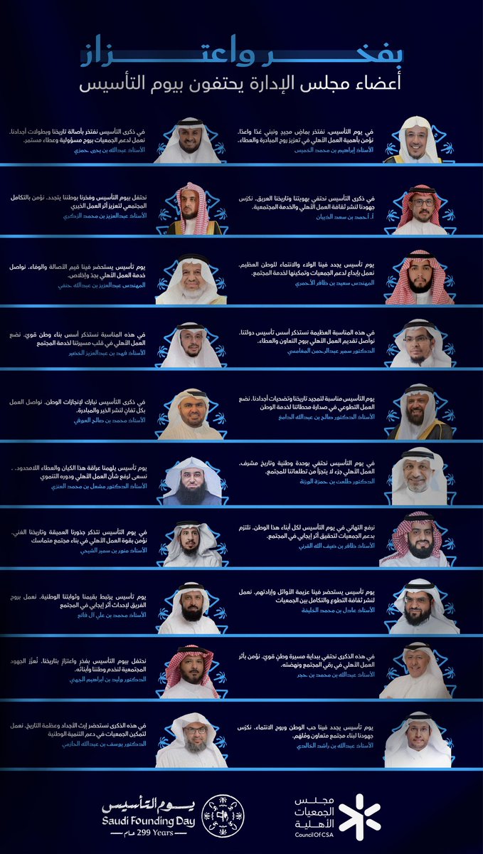 في #يوم_التأسيس نستحضر قصة وطنٍ بدأ راسخًا، واستمر شامخًا 
ومن هذا الإرث العظيم، يجدد أعضاء مجلس الجمعيات الأهلية التزامهم بدعم وتمكين الجمعيات، وتعزيز أثر القطاع غير الربحي في خدمة الوطن والمجتمع

نفخر بالماضي، ونواصل العمل لغدٍ أكثر عطاءً
#مجلس_الجمعيات_الأهلية