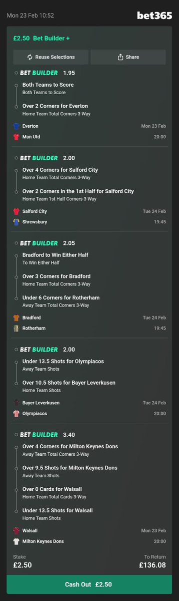 53/1 Mon/Tues acca

I know I think they all look good, but this bet in particular looks so positive.

This bet will come close at the very least!

Man Utd have BTTS in all but 1 away game this season. 

MK Dons will likely be all over Walsall tonight, that bet looks a cert!