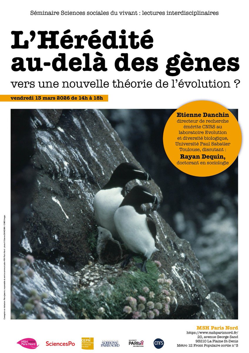 Michallet_Lanza's tweet photo. Le vendredi 13 mars, nous aurons l’honneur d’accueillir le biologiste E. Danchin ds le cadre du séminaire « Sciences sociales du vivant » à la MSH. À cette occasion, il présentera ses travaux consacrés à la théorie synthétique de l’évolution et échangera ac mon collègue R. Dequin https://t.co/Z4DFlRcTbL