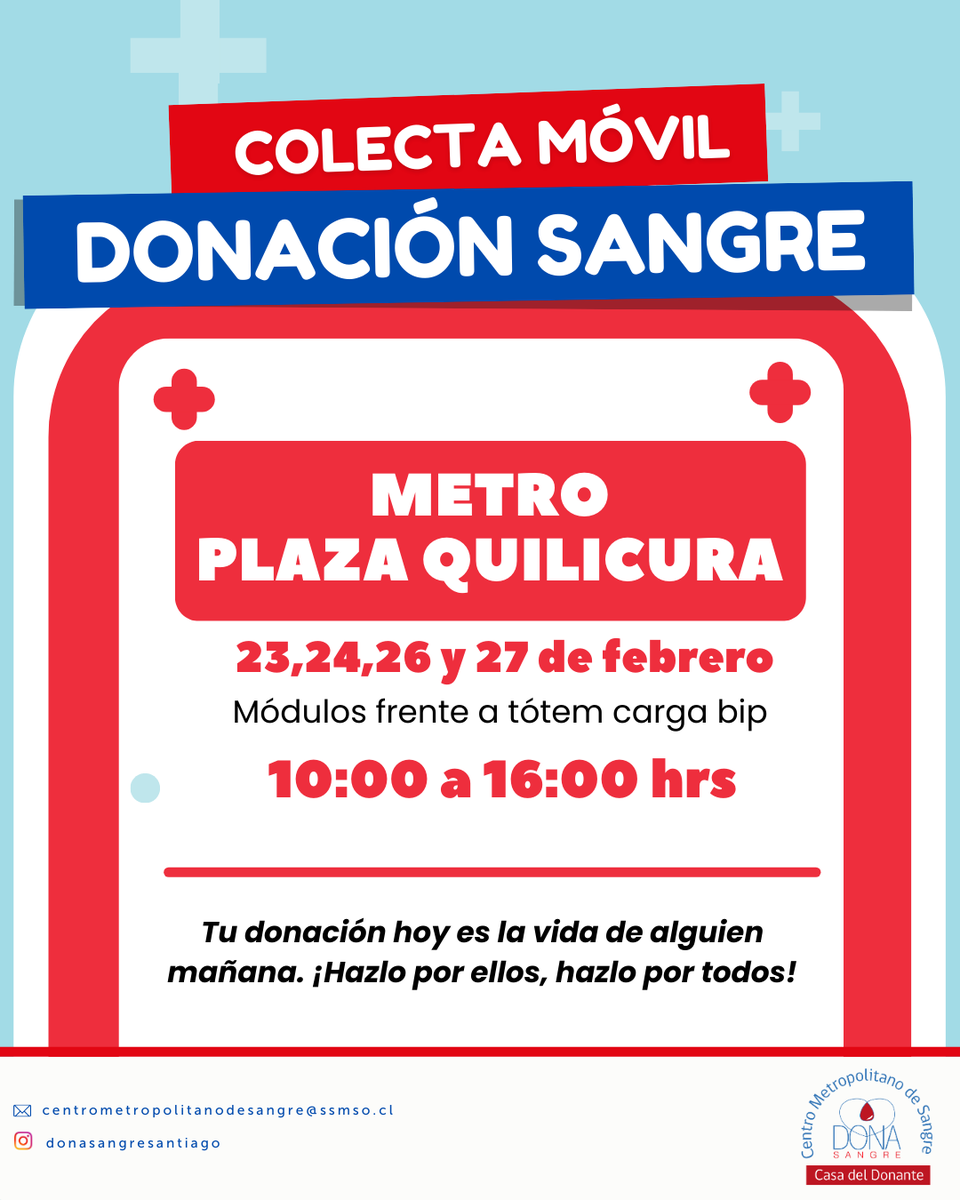 DonaSangreStgo's tweet photo. Hoy dona sangre en @metrodesantiago #quilicura
Súmate y salva vidas 😍😍
¡Te esperamos! https://t.co/Kt6HPeouMO